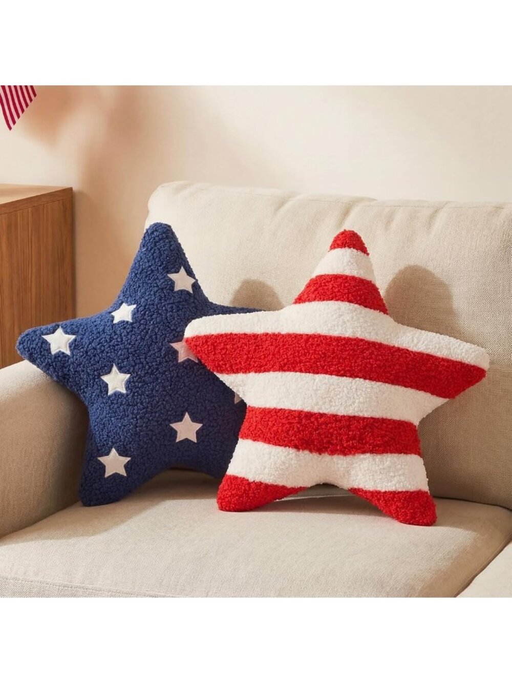 Patriotic Star Throw Pillows - 2 Pcs 13x13" Rustic Red White Blue Decor for July